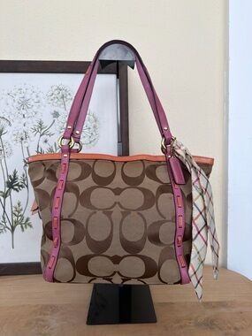 Coach Brown Signature Tote with Pink and Orange Trim